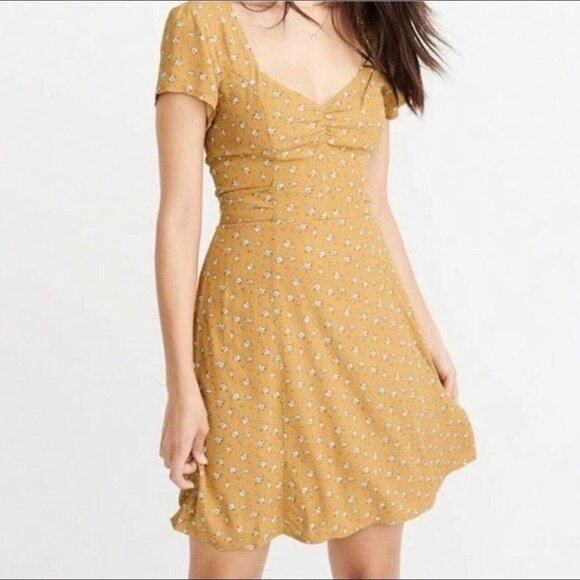Abercrombie & Fitch Womens Ditzy Floral Mustard Yellow Summer Dress M Fit n Flar - Picture 1 of 10